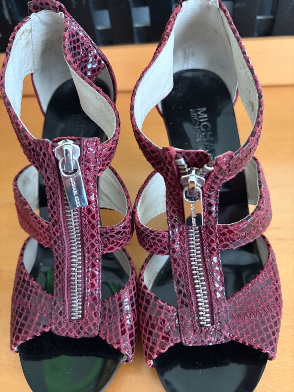 MICHAEL Michael Kors Burgundy Snake-Embossed Zip Front Heels